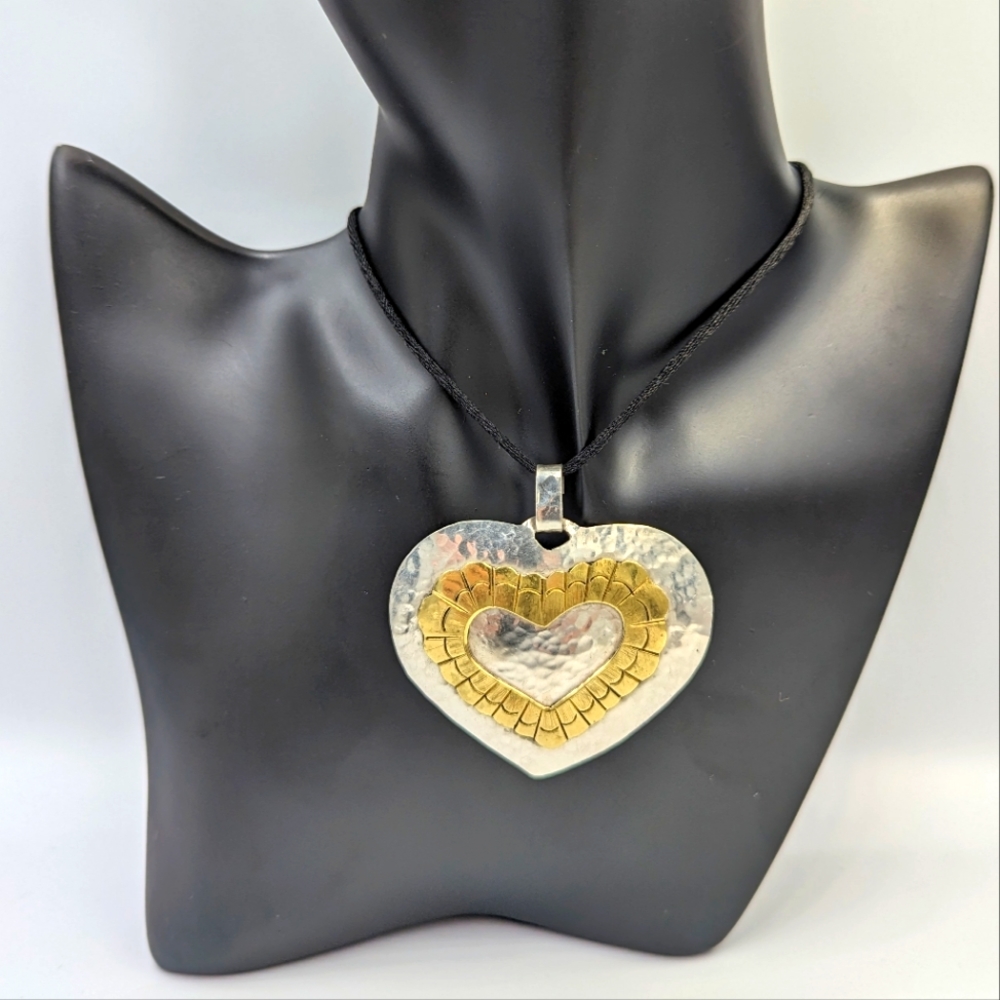 Big Statement Vintage Flat Mexican Sterling & Brass HEART pendant on Silk Strand